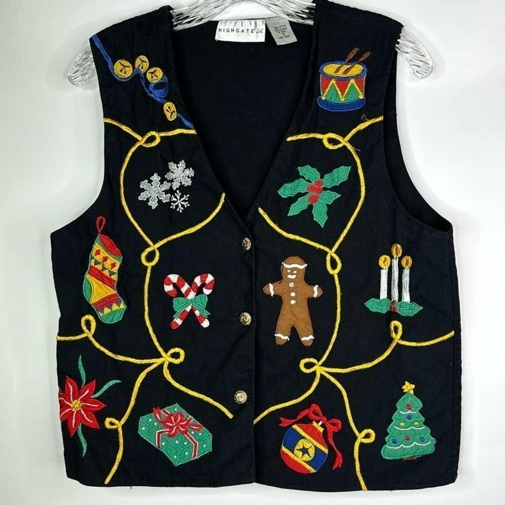 Vintage Highgate Ltd. Black Christmas Vest Size Small 90s